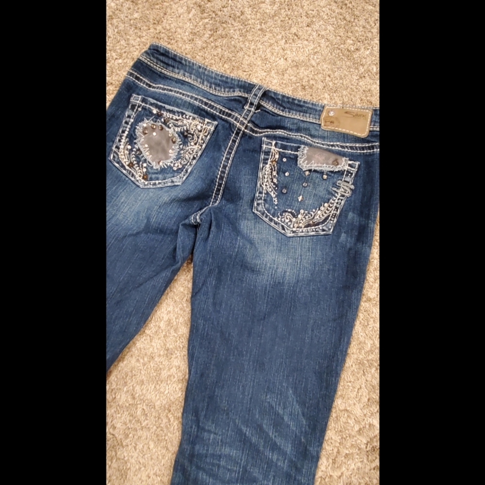 Women's Silver Jeans 29 x 33 Aiko Boot Cut Embellished Stud Jewel Pockets EUC